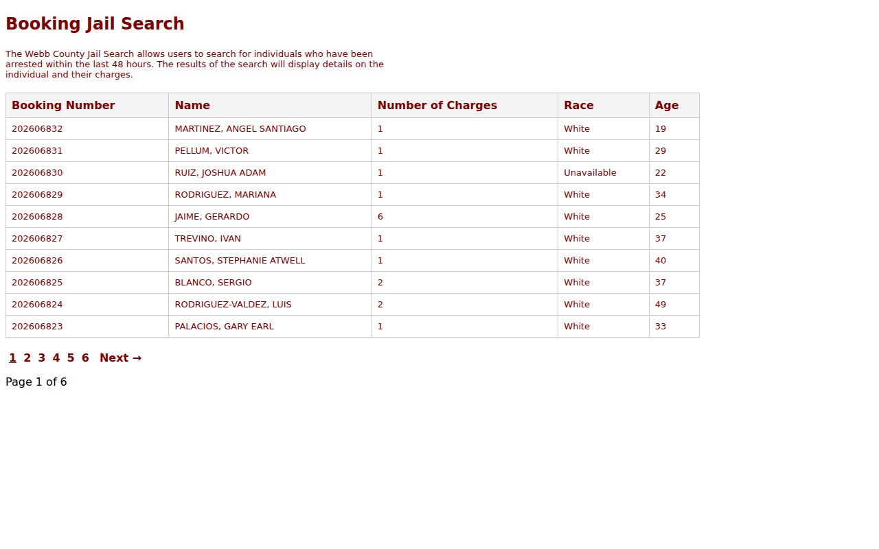Webb County arrest lookup 48-hour booking table