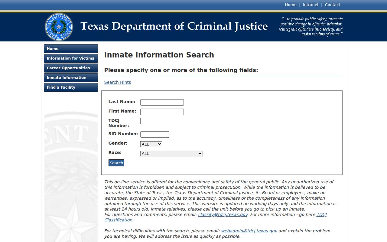TDCJ search after a Webb County arrest and state transfer