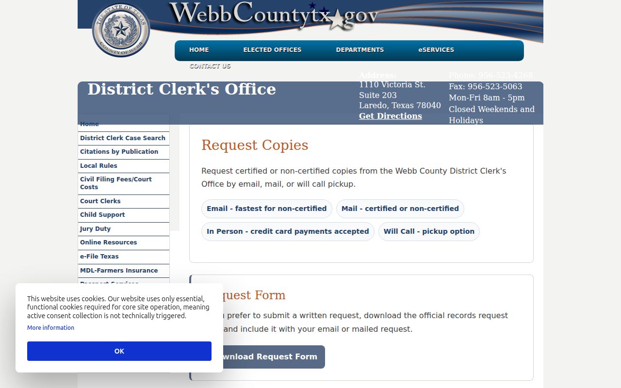 Webb County criminal court record copy request methods