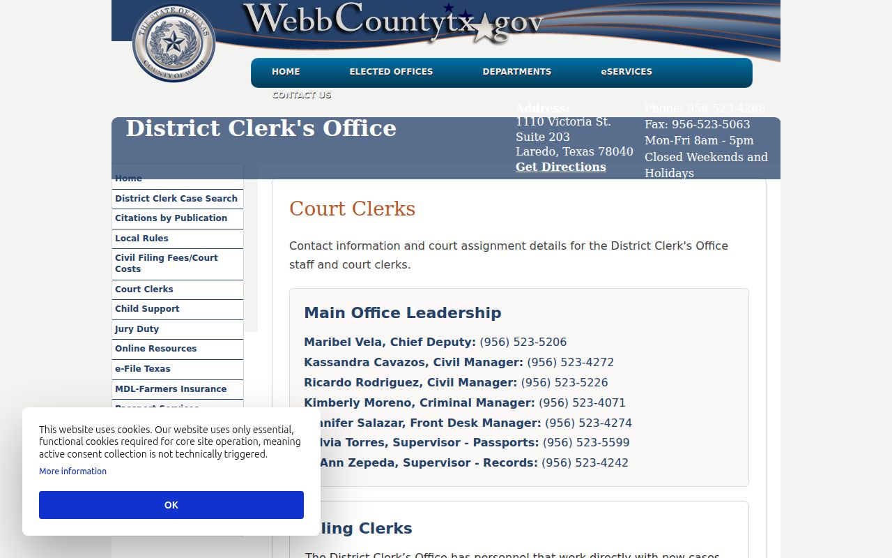Webb County criminal court clerk contact lines