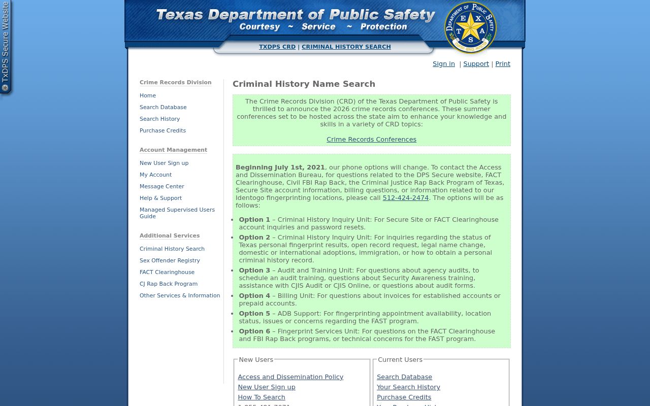 Webb County criminal history access through the Texas DPS conviction search