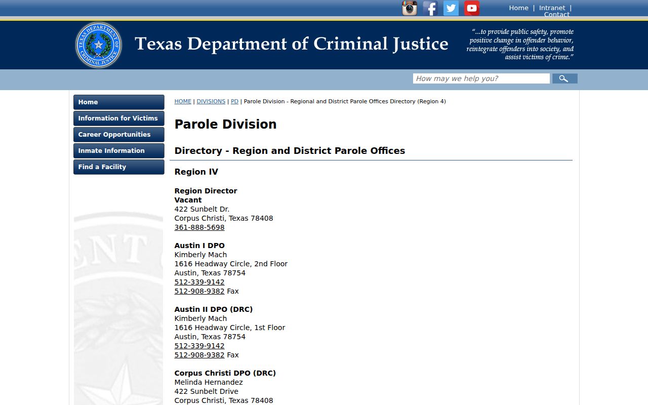 Webb County state parole office directory separate from sex offender registry records
