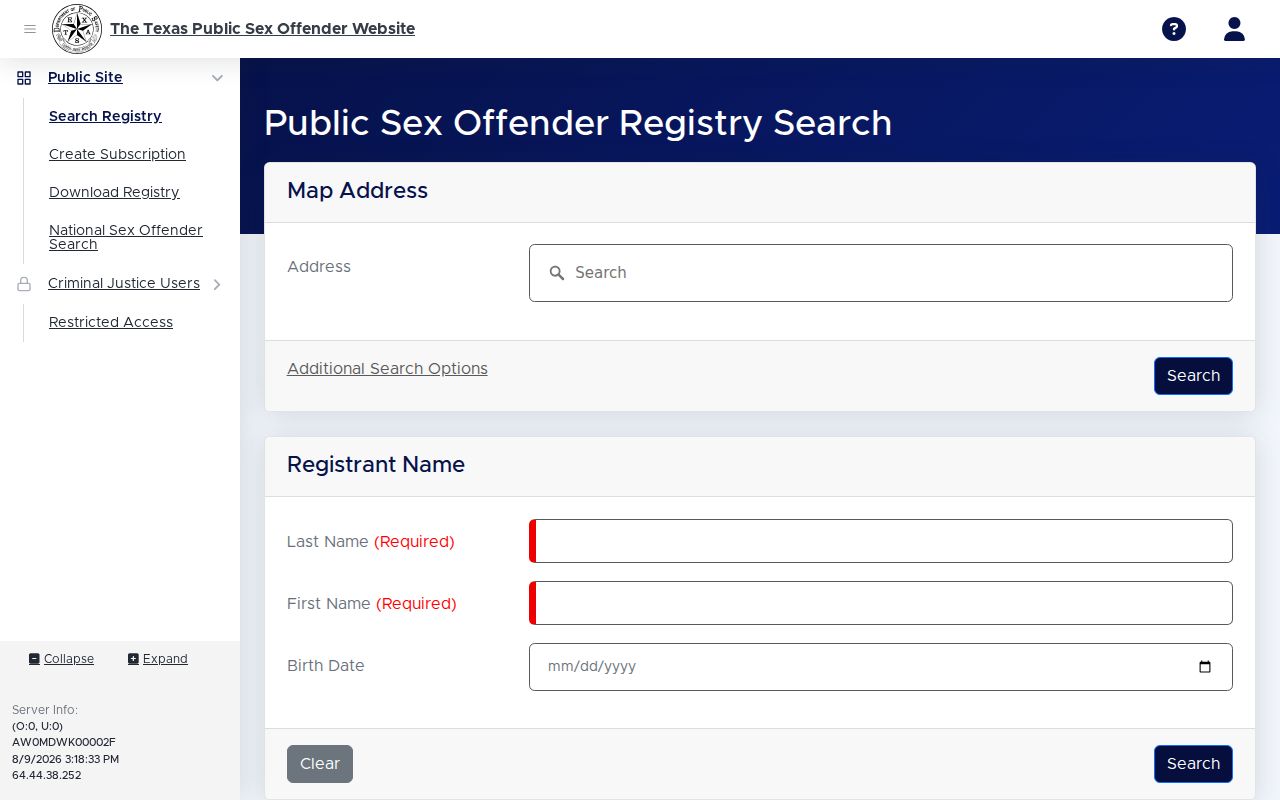 Webb County sex offender registry profile field layout
